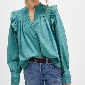 FREE PEOPLE Teal Ruffled Button-Front Women's Blouse, new with tags